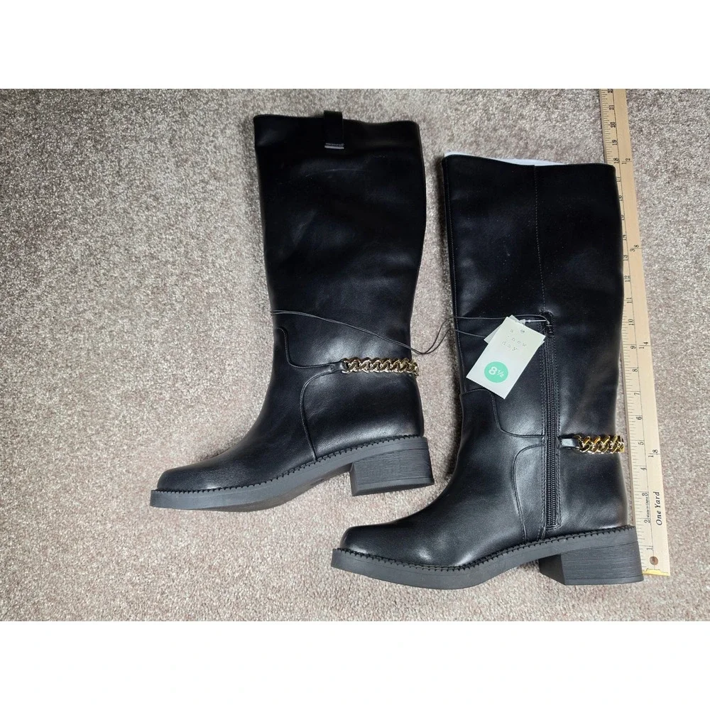 A New Day Bobbi Black Tall Boots Gold Chain Detail Womens 8.5 NEW